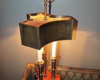 •	Item 92: Vintage patinated brass and wooden 3-light bouillotte-style lamp. Approximately 10” wide x 24” tall. PRICE: $40.00