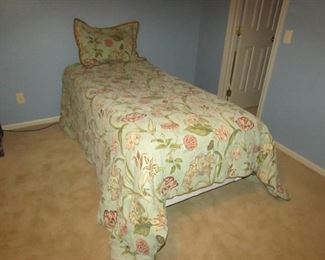 •	Item 94: Twin bed frame. (Mattress and box spring included). Williamsburg bedding also included. 38” wide x 72” long x 26.5” tall. PRICE: $100.00