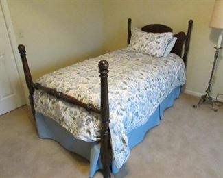 •	Item 96: Vintage twin 4-post bed with floral duvet, comforter, and bedding. (Mattress and box spring included). 42” wide x 79” long x 46.5” tall. PRICE: $150.00