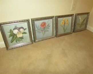 •	Item 102: Set of (4) floral prints. 10” square. PRICE FOR FOUR: $25.00