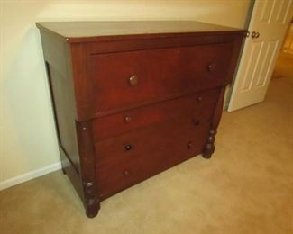 •	Item 105: Antique 4-drawer chest with dovetailed drawers. Scuffing to top—would benefit from polishing. Replaced knobs on third drawer from top. 46.5” wide x 20.5” deep x 42” tall. PRICE: $125.00