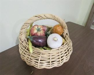 •	Item 109: Basket of Italian ceramic vegetables and plastic beans. Vegetables made in Italy. Basket is 15” wide x 12” tall. PRICE: $40.00