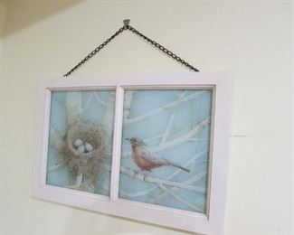 •	Item 111: Rectangular bird window hanging. 20.5” wide x 13.5” tall x 1” thick. PRICE: $20.00