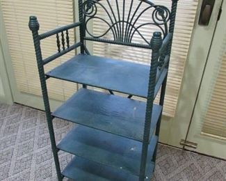 •	Item 116: Small vintage green painted etagere. Joints are slightly loose. Some wear to finish. 18.5” wide x 40” tall x 14” deep. PRICE: $45.00