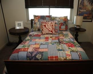 full size bed frame and mattress set, antique tables, art