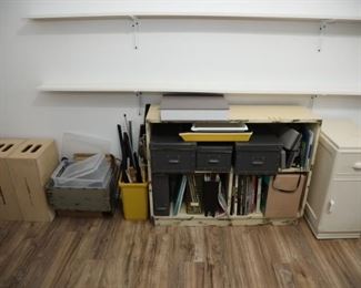 Bookshelves, cupboard, misc. art books, frames, and apple boxes for photography posing