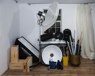 Professional studio photography equipment including 36x48" Westcott pro soft box, 24" beauty dish, set of Matthews apple boxes for posing, Kino Flo Diva light, Alien Bees B400 studio flash, Think Tank pro camera backpack, heavy duty rolling light stand, backdrop stands, reflector/diffusor, picture frame pieces... 