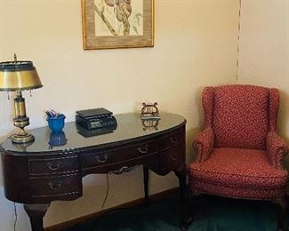 ANTIQUE  MAHOGANY OVAL DESK/5 DRAWERS /WING BACK ARM CHAIR