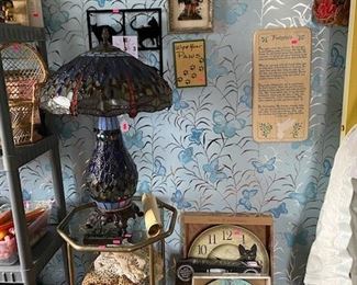 Clocks, Kitty Cats and Tiffany Style Ornate Lamp
