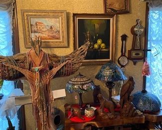 Art, Tiffany style Lamps, Carved Wood pieces and gallery Native American Art piece