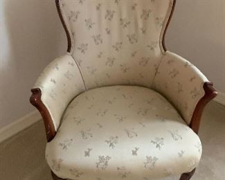 $225 BROCADE UPHOLSTERED MAHOGANY TRIMMED CHAIR