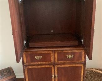 $475~OBO~ENTERTAINMENT CENTER ARMOIRE WITH INLAY.  ONE DRAWER DROP FRONT DESKTOP.  CABINET STORAGE UNDERNEATH.  SLIDING TV SHELF