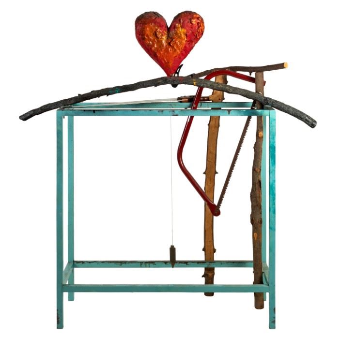 Jim Dine (American, born 1935). Painted bronze mixed media art sculpture. Titled "Cheer Up, My Sisters" Circa 1988. Features red heart, saws, and tree branches. Original The Pace Gallery Label to underside. 
