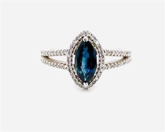 Excellent Blue Marquise Sapphire and Diamond Ring in 14k White Gold; $4000 Retail
