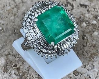 6.19 Carat Natural Emerald in a Fancy 1.00 Carat Diamond Estate Ring in Platinum; $19,500 Retail