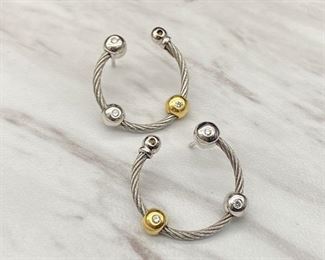 David Yurman Signed Cable Diamond Hoop Earrings in 18k Two-Tone Gold; $3850 Retail