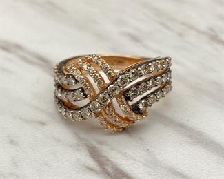 LeVian Signed 1.40 Carat Chocolate and White Diamond Triple Crossover Statement Ring in 14k Strawberry Gold; $3900 Retail