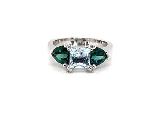 Beautiful Natural Aquamarine and Tourmaline Ring in 14k White Gold; $2899 Retail