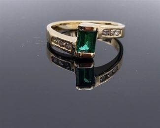 Channel Set Natural Emerald and Diamond Estate Ring in 14k Yellow Gold; $2250 Retail