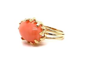 Vintage Large, Natural Hawaiian Angel Skin Coral Custom Estate Ring in 14k Yellow Gold