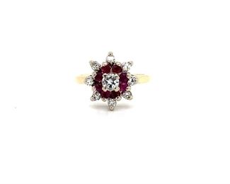 Ladies Natural Ruby and Diamond Cluster Estate Ring in 14k Yellow Gold; $2000 Retail