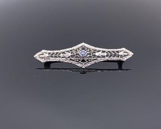 Flawless Art Deco Filigree Sapphire Pin in 14k White Gold; $1650
