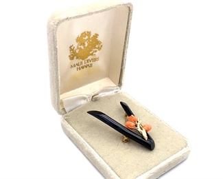 Vintage Mid Century Modern Hawaiian Coral Pin in 14k Yellow Gold w/ Original Maui Divers Box