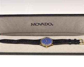 A vintage Movado Kingmatic Sub-Sea model gentleman's wristwatch. 17 jewel Automatic winding movement with round medium Blue dial, Gold Roman numerals and hands. 34 mm round Gold plated case with Stainless back and replaced leather strap. Reference #380614501 inside case back. Some wear, running when cataloged. ESTIMATE $200-400