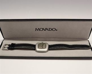 A vintage Movado Kingmatic Sub-Sea model gentleman's wristwatch. 28 jewel Automatic winding movement with Silvered TV shape dial and date aperture in lower right corner. 36 mm square Stainless steel case with replaced leather strap. Reference #389 705 581 inside case back. Some wear, running when cataloged. ESTIMATE $300-500