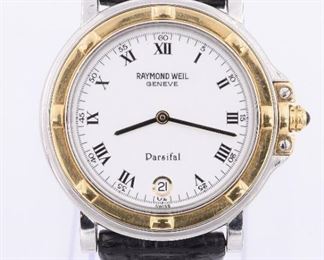 A Raymond Weil "Parsifal" wristwatch. Quartz movement, round White dial with Roman numerals and lower date aperture, in a 33 mm Stainless case with Gold tone detail and a leather deployment strap. Reference #9189. Case unopened, slight wear, needs battery. ESTIMATE $200-300