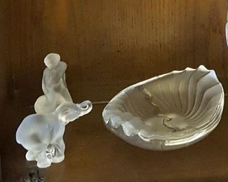 Lalique shell dish, 8.5",  Lalique Timora elephant 3.2" h x 4.5" w