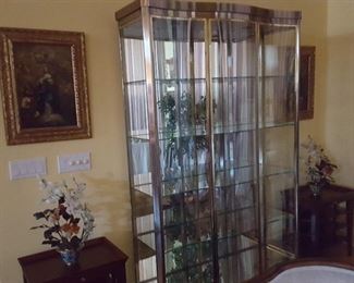 Brushed steel/brass, glass display cabinet