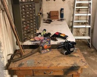 Child sized workbench with one drawer, Lazer straight light, yardsticks and electric Hand planer