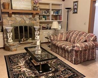 LAZY BOY LOVE SEAT AND BLACK COFFEE TABLE AND RUG