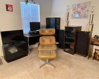 LEATHER OFFICE CHAIR AND OTTOM FILE CABINET VIZIO TV AND STAND AND STEREO SYSTEM