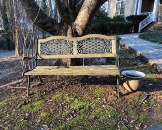 Great wood and cast iron bench, flower pot