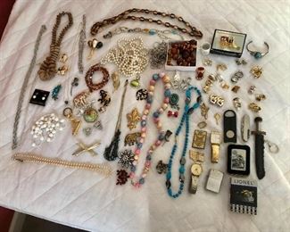 Costume jewelry, clip earrings, pins, Lionel lighter, 2 men Timex watches