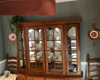 Temple Stuart china cabinet. Two of 8 ladder back chairs