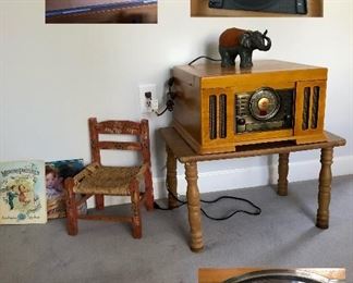 Crosley turn table and radio, small child chair