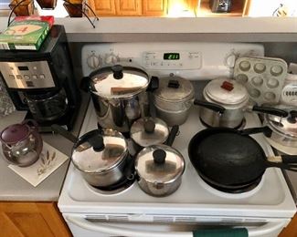 Pot and pans, cast iron, teapot, coffee maker