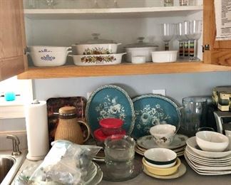 corning ware, tin blue trays, bowls glasses and more