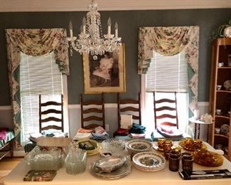 4 of 10 ladder back chairs, corner cabinet, amber plates, Johnson Brothers "Merry Christmas" plates and more.
