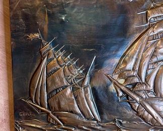 Caliban Chile Hammered Copper Ship Art 12x23in