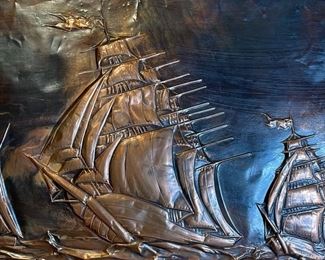 Caliban Chile Hammered Copper Ship Art 12x23in