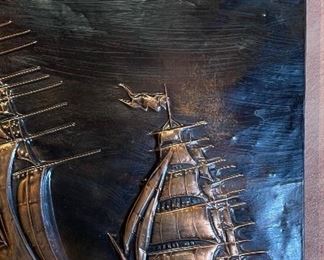 Caliban Chile Hammered Copper Ship Art 12x23in