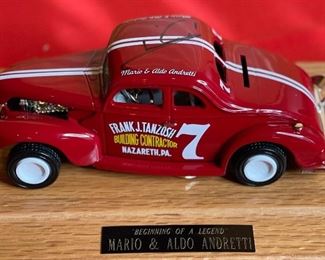 *Signed* Mario & Aldo Andretti ERTL 1940 Ford Model in display case Case: 5.5x11x6.5in HxWxD