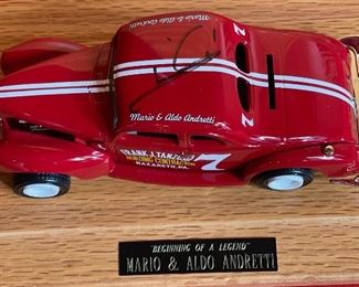 *Signed* Mario & Aldo Andretti ERTL 1940 Ford Model in display case Case: 5.5x11x6.5in HxWxD