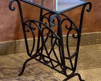 Wrought Iron Glass Top Side Table/Magazine Rack 24x16x16in HxWxD