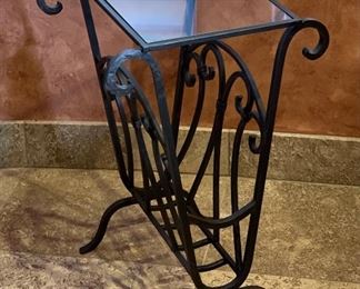 Wrought Iron Glass Top Side Table/Magazine Rack 24x16x16in HxWxD