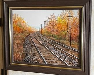*Original* Art Herbert Weintraub Train Tracks Painting 15x17.75in (frame)
